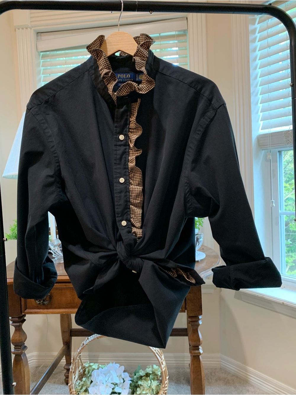 Polo by Ralph Lauren Navy Button-Up Shirt with Tan Gingham Ruffle